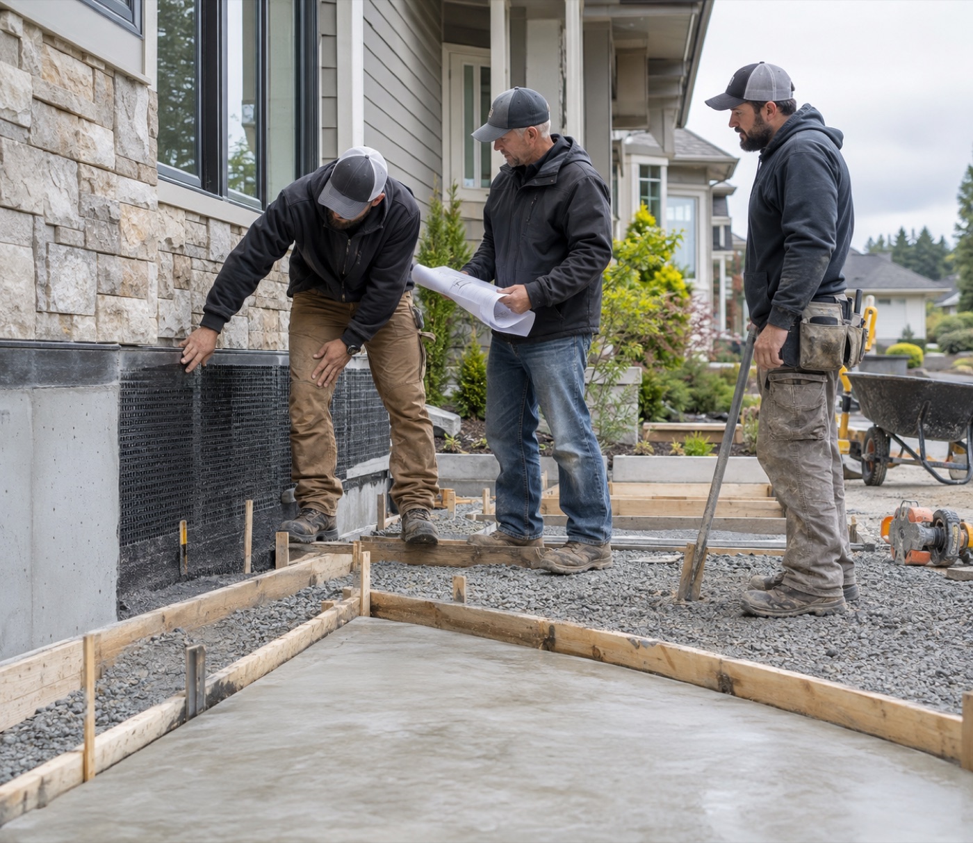 Contractor team reviewing exterior foundation and concrete work