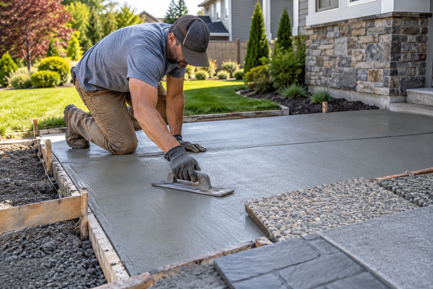 Worker finishing a fresh residential concrete slab