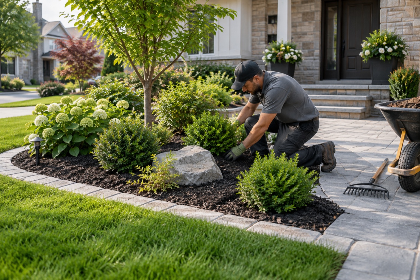 Residential front yard landscaping and fresh planting work