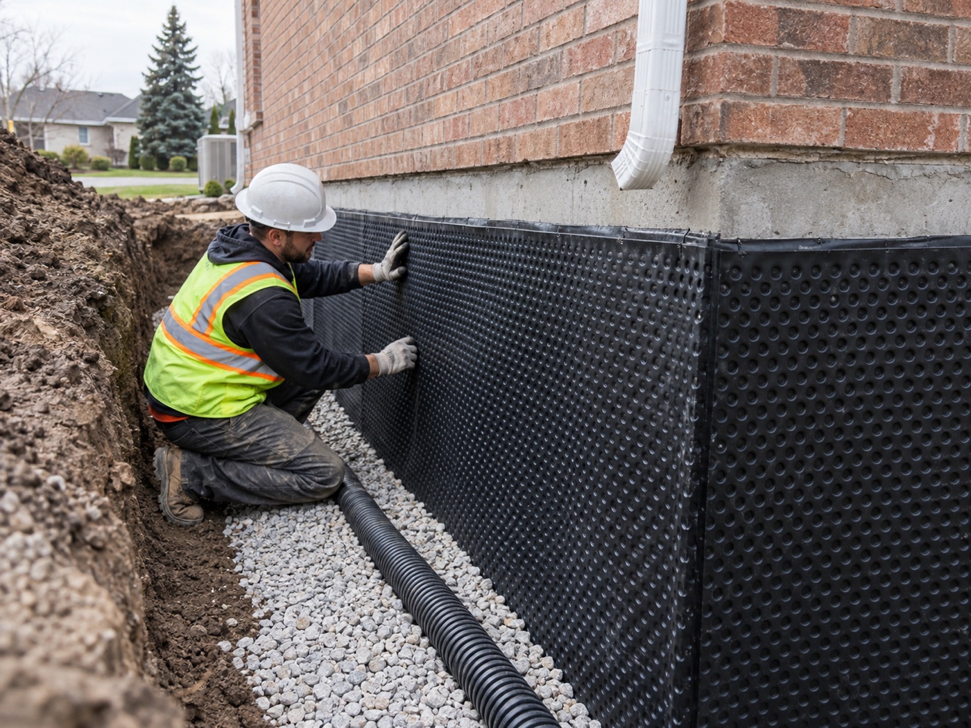 Exterior foundation waterproofing membrane and drainage installation